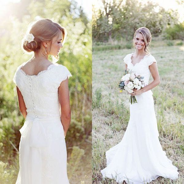 vintage country style wedding dresses a line v neck cap sleeves lace chiffon bridal gowns with sash brides formal wear, White
vintage country style wedding dresses a line v neck cap sleeves lace chiffon bridal gowns with sash brides formal wear, White