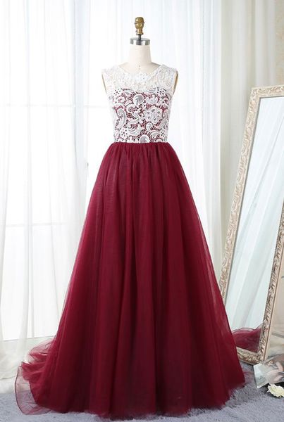 sell burgundy sweep train tulle white lace long bridesmaid dresses prom dress evening gowns in stock, Red;white
sell burgundy sweep train tulle white lace long bridesmaid dresses prom dress evening gowns in stock, Red;white