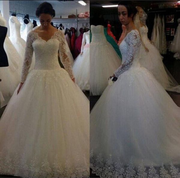 gorgeous long sleeve lace ball gown wedding dresses sheer v-neck floor length vintage bridal gowns no sleeve plus size arabic dress, White
gorgeous long sleeve lace ball gown wedding dresses sheer v-neck floor length vintage bridal gowns no sleeve plus size arabic dress, White
