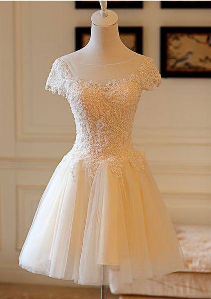 champagne lace tulle cocktail dress with bow 2016 scoop neck short party dress with short sleeves, Black
champagne lace tulle cocktail dress with bow 2016 scoop neck short party dress with short sleeves, Black