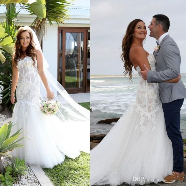 romantic see through lace mermaid beach wedding dresses strapelss backless bridal dresses tulle chapel train garden wedding gowns, White
romantic see through lace mermaid beach wedding dresses strapelss backless bridal dresses tulle chapel train garden wedding gowns, White