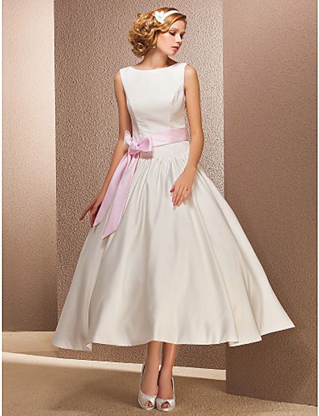 2016 new fashion ball gown ivory tea-length bateau blushing pink sash satin reception wedding dresses 005, White
2016 new fashion ball gown ivory tea-length bateau blushing pink sash satin reception wedding dresses 005, White