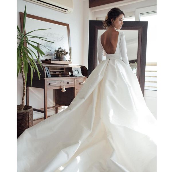 new elegant satin ball gown wedding dresses long sleeve backless simple vestido de noiva bridal gowns, White
new elegant satin ball gown wedding dresses long sleeve backless simple vestido de noiva bridal gowns, White