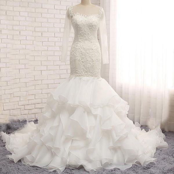 elegant long sleeve mermaid wedding dress sheer neck beaded lace appliques ruffles skirt custom made bridal gowns fit and flare, White
elegant long sleeve mermaid wedding dress sheer neck beaded lace appliques ruffles skirt custom made bridal gowns fit and flare, White