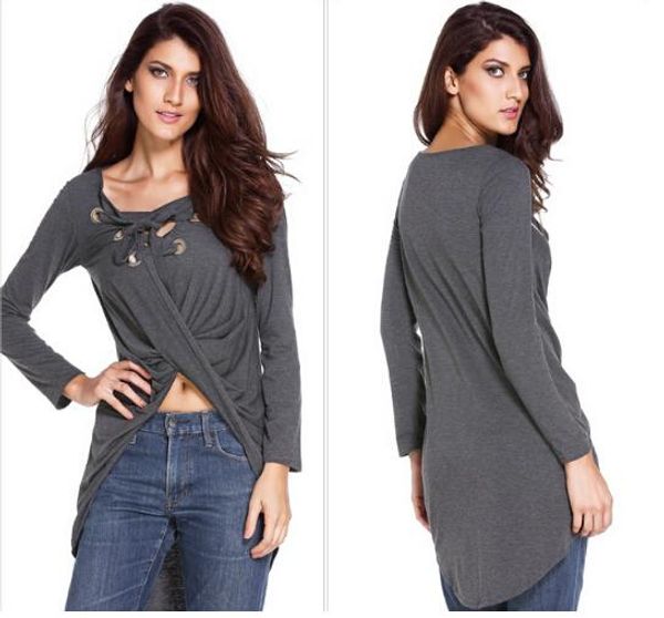 women's t-shirt casual loose bandage tshirts women irregular front short back long v-neck spring autumn sleeves tees, White
women's t-shirt casual loose bandage tshirts women irregular front short back long v-neck spring autumn sleeves tees, White