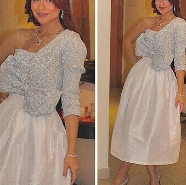 new formal party grown elegant one shoulder handmade beaded sequined tea length evening dresses full sleeves big bow, Black;red
new formal party grown elegant one shoulder handmade beaded sequined tea length evening dresses full sleeves big bow, Black;red