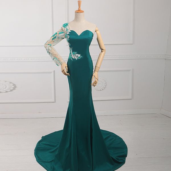 single long sleeve one shoulder mermaid evening dress 2016 fashion formal dress with embroidery real p, Black;red
single long sleeve one shoulder mermaid evening dress 2016 fashion formal dress with embroidery real p, Black;red