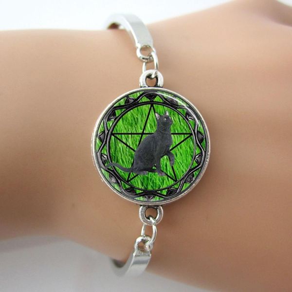 

Black Cat Bracelet,Wicca Pentagram Bangle,Green Grass Background Glass Tile Jewelry Cuff Bangle For Best Friends