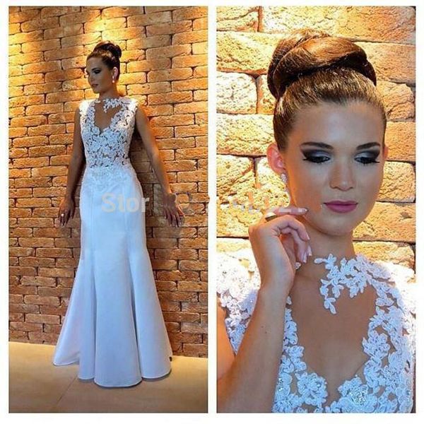 custom made lace applique sheer crew mermaid wedding dresses long vintage bridal gowns no sleeve spring garden vestidos chic, White
custom made lace applique sheer crew mermaid wedding dresses long vintage bridal gowns no sleeve spring garden vestidos chic, White