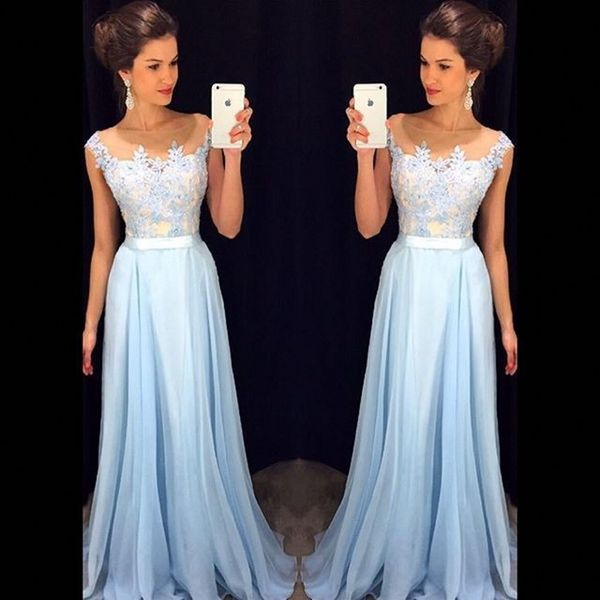 2018 elegant light sky blue prom dresses sheer neck cap sleeves appliqued chiffon floor length formal dresses modest evening gowns zipper up, Black
2018 elegant light sky blue prom dresses sheer neck cap sleeves appliqued chiffon floor length formal dresses modest evening gowns zipper up, Black