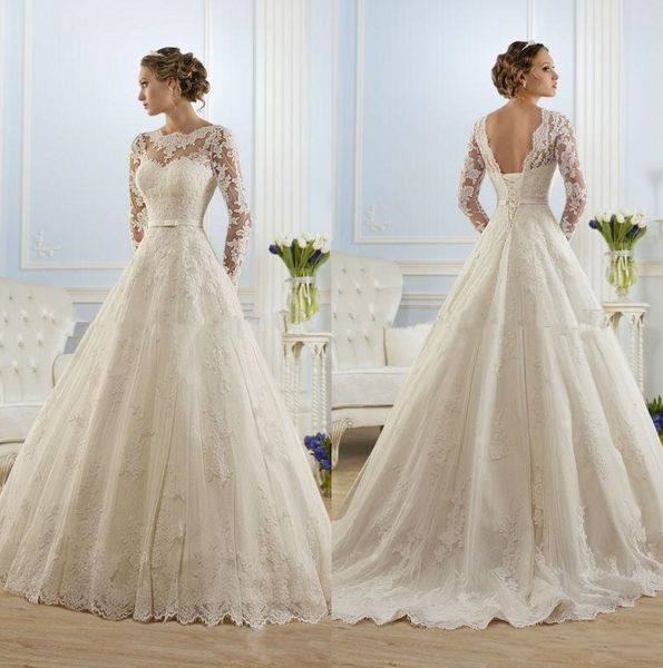 ivory white lace long sleeve wedding dress illusion bateau applique a-line vintage court train lace up bridal party gowns with sash
ivory white lace long sleeve wedding dress illusion bateau applique a-line vintage court train lace up bridal party gowns with sash