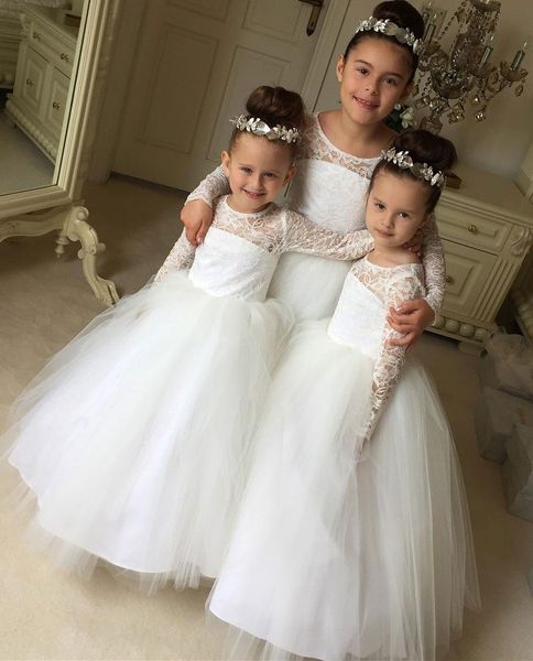 new arrival white sheer neck long sleeves tulle flower girl dresses for wedding party with lace, White;blue
new arrival white sheer neck long sleeves tulle flower girl dresses for wedding party with lace, White;blue