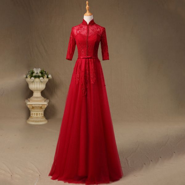 high neck lace tulle mother of the bride dress with half sleeves 2017 beaded long formal dress, Black;red
high neck lace tulle mother of the bride dress with half sleeves 2017 beaded long formal dress, Black;red