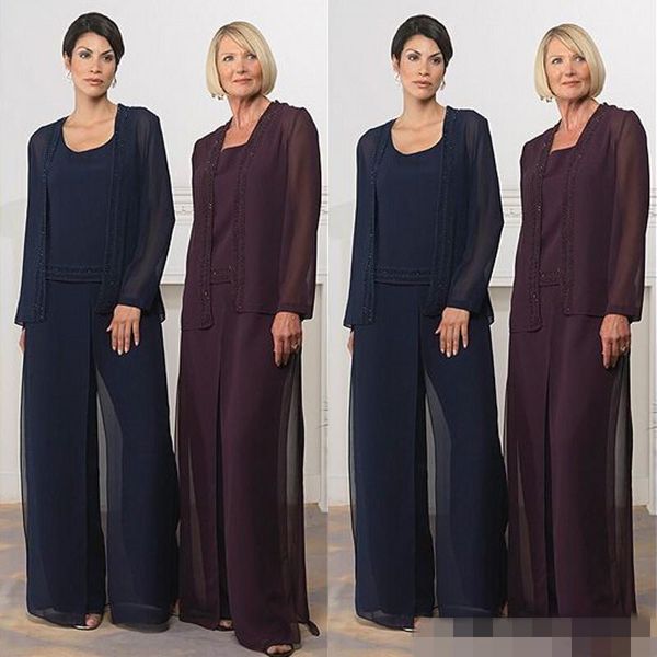 Hot Sale Elegant Wedding Pant Suits Mother of the Bride Dresses Dark Navy Grape Purple Chiffon Custom Made for Wedding Party
Hot Sale Elegant Wedding Pant Suits Mother of the Bride Dresses Dark Navy Grape Purple Chiffon Custom Made for Wedding Party