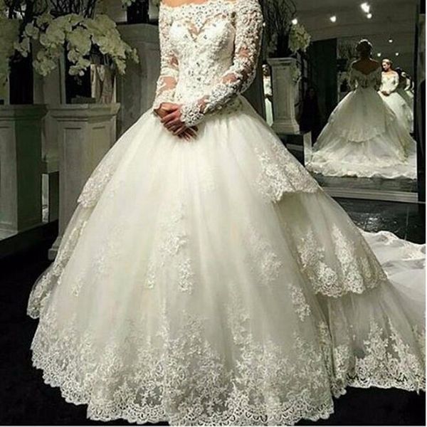 organza long sleeve lace wedding dress detachable train 2017 vintage lace trouwjurk boat neck bridal gowns, White
organza long sleeve lace wedding dress detachable train 2017 vintage lace trouwjurk boat neck bridal gowns, White