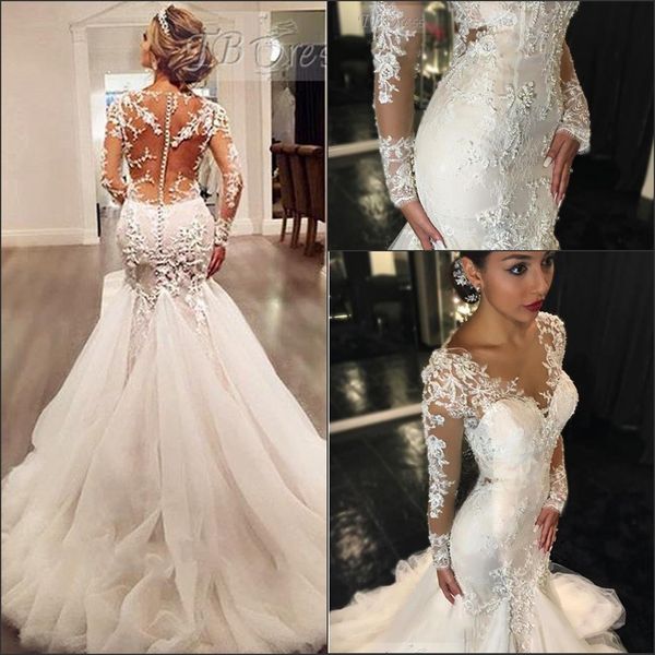 2019 new long sleeves lace illusion mermaid wedding dresses tulle applique beaded court train bridal gown with buttons back, White
2019 new long sleeves lace illusion mermaid wedding dresses tulle applique beaded court train bridal gown with buttons back, White