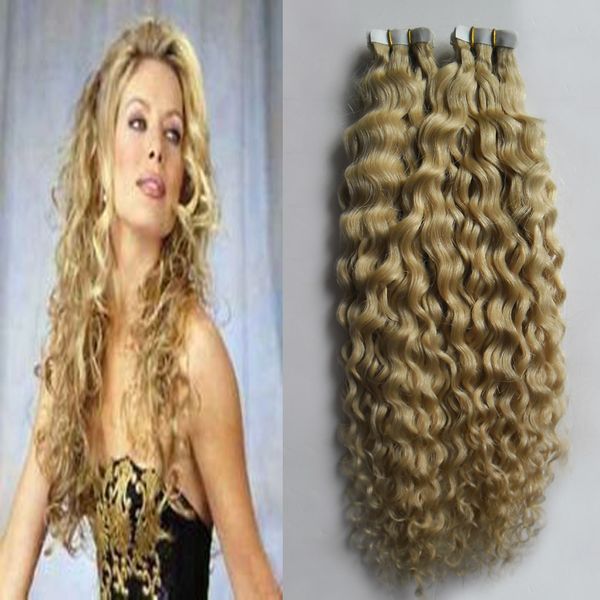 

kinky curly tape in hair extensions human 100g 40pcs skin weft hair extension #613 bleach blonde brazilian curly virgin human hair, Black