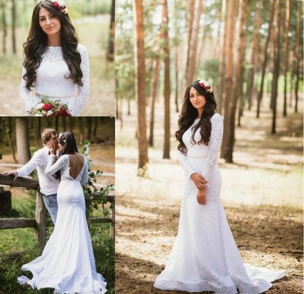 2017 white new lace long sleeves mermaid wedding dresses bateau appliques backless sweep train bridal gowns country style 2016 dresses 
2017 white new lace long sleeves mermaid wedding dresses bateau appliques backless sweep train bridal gowns country style 2016 dresses