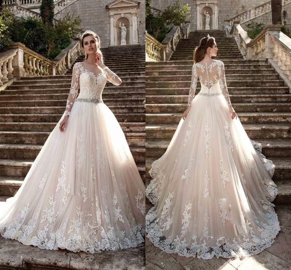 2017 new long sleeves vintage wedding dresses lace applique beads milla nova bride gowns crystal sash sweep train wedding dresses, White
2017 new long sleeves vintage wedding dresses lace applique beads milla nova bride gowns crystal sash sweep train wedding dresses, White