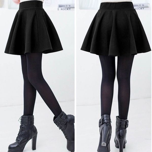 

wholesale- fashion unique cotton blend women's stretch waist plain skater flared pleated mini skirt high waist causal skirts 2017 new h, Black