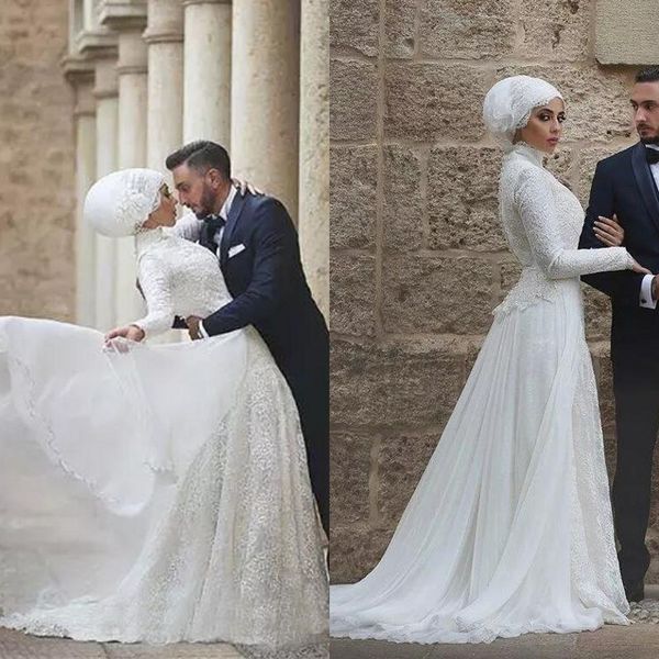 2017 muslim high collar long sleeve lace wedding dresses modest chiffon long skirt covered button back bridal gowns custom made en10178, White
2017 muslim high collar long sleeve lace wedding dresses modest chiffon long skirt covered button back bridal gowns custom made en10178, White