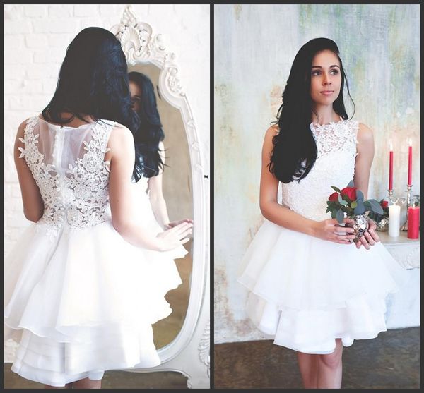 organza 2017 wedding dresses short mini jewel neck lace appliques flowers beaded illusion button back tiered ruffles plus size bridal gowns, White
organza 2017 wedding dresses short mini jewel neck lace appliques flowers beaded illusion button back tiered ruffles plus size bridal gowns, White