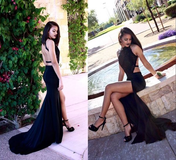 high split side prom dresses halter neck mermaid criss cross back cutaway with appliques formal evening pageant gowns custom, Black
high split side prom dresses halter neck mermaid criss cross back cutaway with appliques formal evening pageant gowns custom, Black