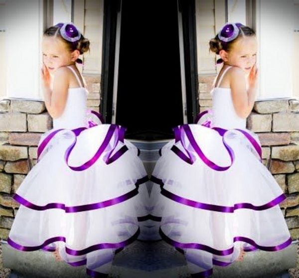 white spaghetti flower girl dresses for wedding 2016 tiered tulle purple edge girls pageant gowns kids party dresses formal wear, White;blue 
white spaghetti flower girl dresses for wedding 2016 tiered tulle purple edge girls pageant gowns kids party dresses formal wear, White;blue