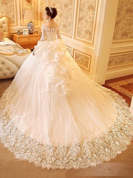 ivory 2019 tulle off the shoulder half sleeve ball gown appliques lace wedding dres chapel train, White
ivory 2019 tulle off the shoulder half sleeve ball gown appliques lace wedding dres chapel train, White