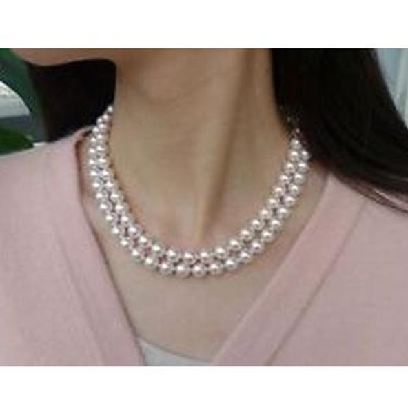 double strands 8-9mm white round pearl necklace 18 inch 19 inch, Silver 
double strands 8-9mm white round pearl necklace 18 inch 19 inch, Silver