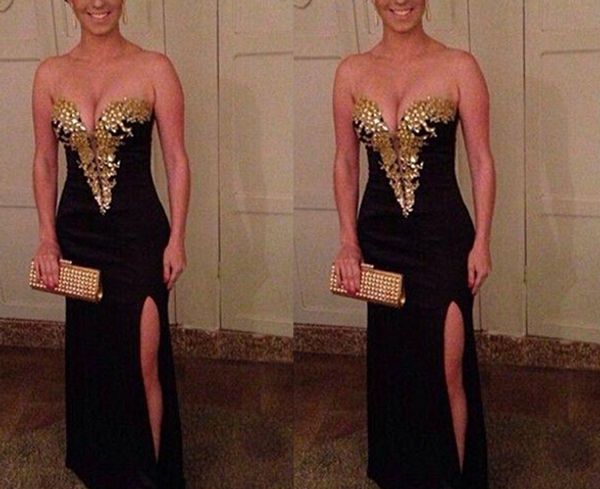 split sweetheart black floor length gold beaded sheath homecoming holiday guest dress evening dresses cocktail party prom formal, Black;red
split sweetheart black floor length gold beaded sheath homecoming holiday guest dress evening dresses cocktail party prom formal, Black;red