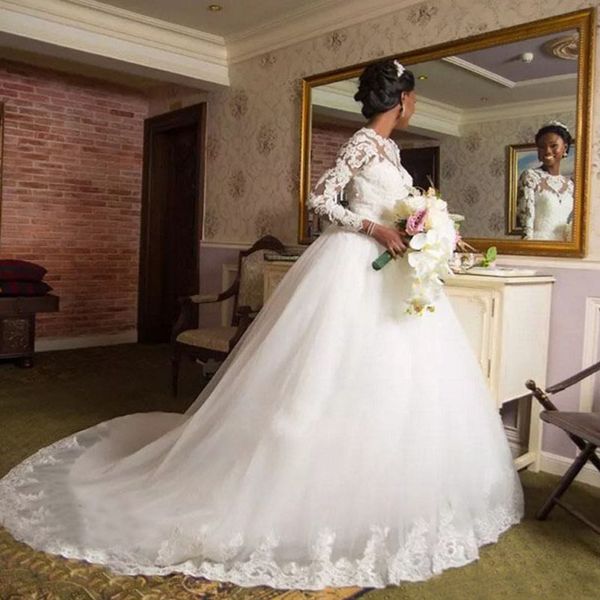 2019 fabulous african wedding dress sheer jewel neck illusion long sleeves lace appliques tulle skirt bridal gowns court train, White
2019 fabulous african wedding dress sheer jewel neck illusion long sleeves lace appliques tulle skirt bridal gowns court train, White