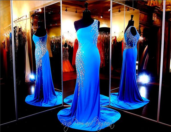 Blue One Shoulder Jersey Formfitting Evening Gown See Through Hand Beading Sheath Prom Dress Side Zipper Sexy Pageant Dress