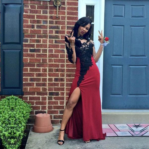 high-neck side split prom dresses lace applique sheer long sleeves junior prom party dress satin floor length special occasion dresses, Black
high-neck side split prom dresses lace applique sheer long sleeves junior prom party dress satin floor length special occasion dresses, Black
