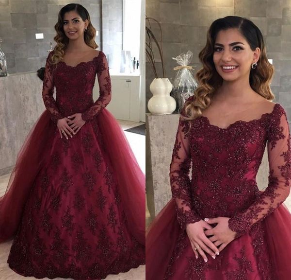 burgundy ball gown prom dresses 2019 illusion neck long sleeves evening dress with detachable train arabic elegant long vestidos de fiesta, Black
burgundy ball gown prom dresses 2019 illusion neck long sleeves evening dress with detachable train arabic elegant long vestidos de fiesta, Black