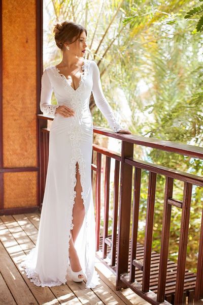 2019 Sexy Backless Long Sleeve Sheath Wedding Dresses With Front Split V-Neck Appliques Sweep Train Casamento Da Praia Vestidos De Novia
2019 Sexy Backless Long Sleeve Sheath Wedding Dresses With Front Split V-Neck Appliques Sweep Train Casamento Da Praia Vestidos De Novia