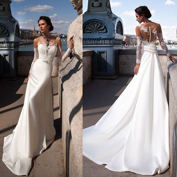 2018 lace wedding dresses sheer neck long sleeve mermaid beads wedding gowns detachable train milla nova satin long bridal dress, White
2018 lace wedding dresses sheer neck long sleeve mermaid beads wedding gowns detachable train milla nova satin long bridal dress, White