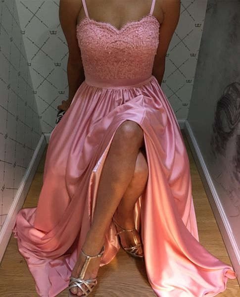 spaghetti straps a-line elastic satin prom dresses lace appliques with beaded leg slit long evening dresses dress for graduation, Black
spaghetti straps a-line elastic satin prom dresses lace appliques with beaded leg slit long evening dresses dress for graduation, Black