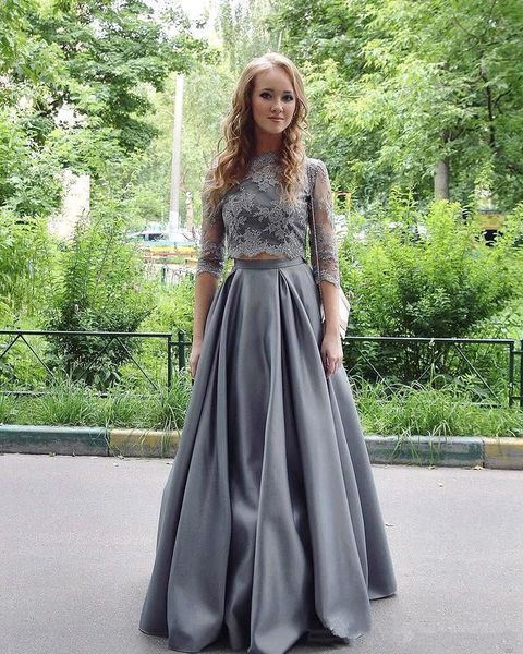 2 pieces gray prom dresses three quarter sleeve lace satin skirt a line floor length girls party gowns custom size, Black
2 pieces gray prom dresses three quarter sleeve lace satin skirt a line floor length girls party gowns custom size, Black