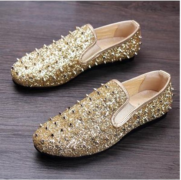 Promotion New spring brand gold dress shoes men Fashion Mens Punk Studded Rivet Spike Suede Pointy Loafer Casual Dress Shoes