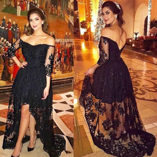 black lace short front long back prom dresses off shoulder three quarter sleeve high low party gowns custom size
black lace short front long back prom dresses off shoulder three quarter sleeve high low party gowns custom size