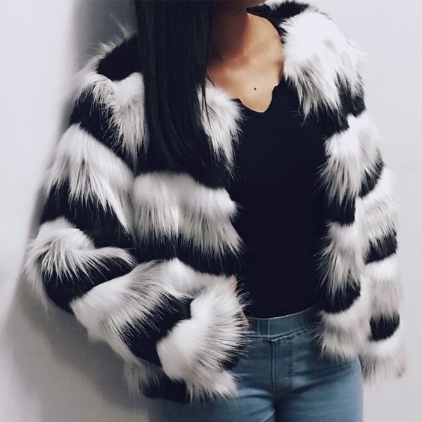 

fashion women hairy fox fur coat 2017 autumn winter style stripes warm long sleeve fluffy parkas cardigan outerwear jacket overcoats, Black