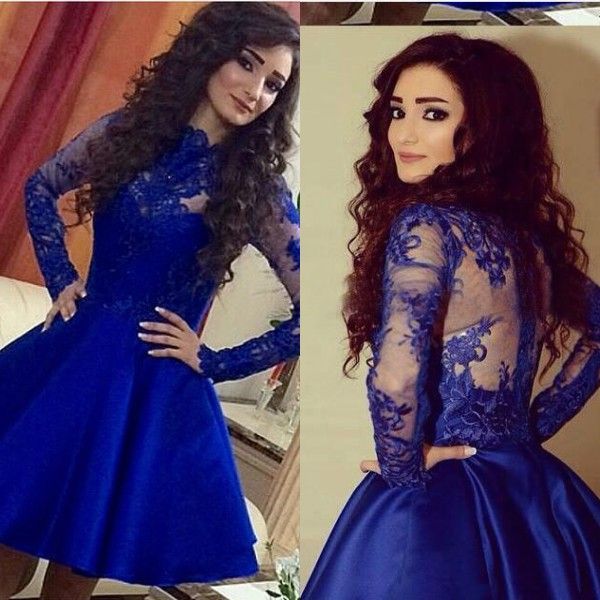 cocktail dresses long sleeves royal blue party dress sheer neckline illusion lace appliques short formal prom wear high quality, Black
cocktail dresses long sleeves royal blue party dress sheer neckline illusion lace appliques short formal prom wear high quality, Black
