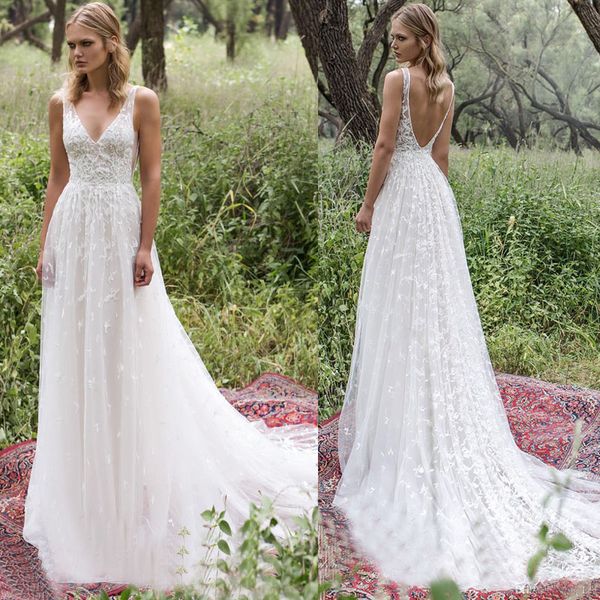 Boho Country Wedding Dresses A-Line V-Neck Backless Lace Applique Sweep Train robe de mariage Bridal Gowns Illusion Bodice Spaghetti Straps
Boho Country Wedding Dresses A-Line V-Neck Backless Lace Applique Sweep Train robe de mariage Bridal Gowns Illusion Bodice Spaghetti Straps