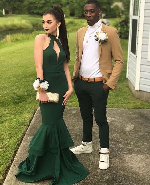 dark green halter mermaid prom dress with double tiered skirt long party gowns formal evening dress, Black;red
dark green halter mermaid prom dress with double tiered skirt long party gowns formal evening dress, Black;red