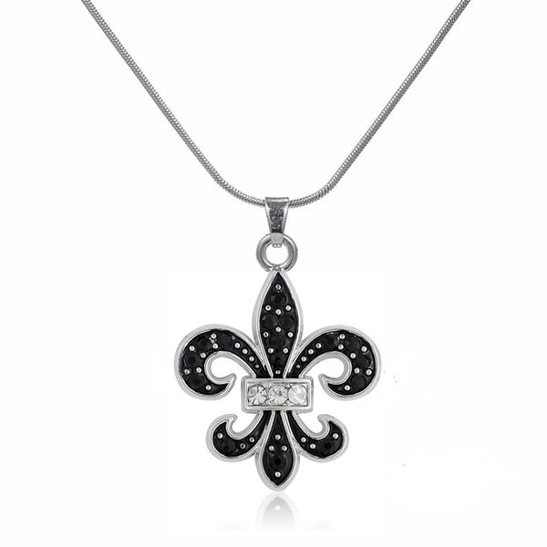 

black enamel fleur de lis austrian crystal charm pendant and necklace gift fashion jewelry for women, Silver