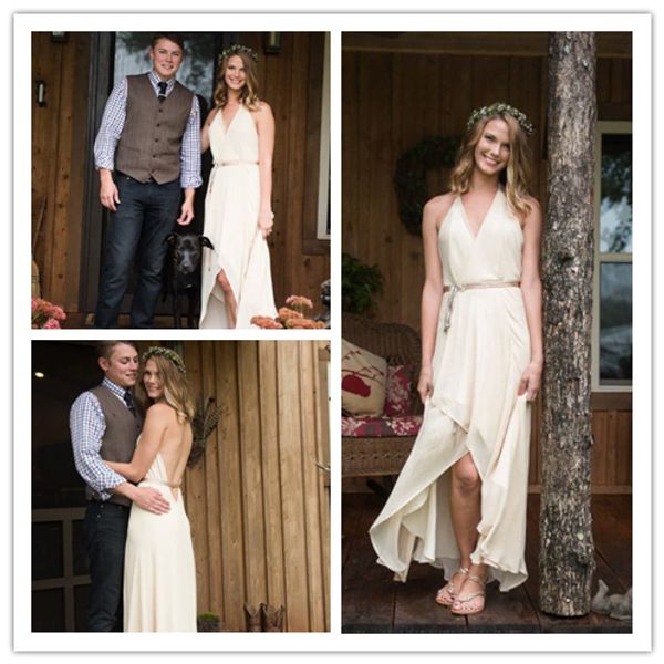 simple backless chiffon wedding dresses v neck high low country wedding gowns open back sash halter tiered bohemian wedding dress, White
simple backless chiffon wedding dresses v neck high low country wedding gowns open back sash halter tiered bohemian wedding dress, White