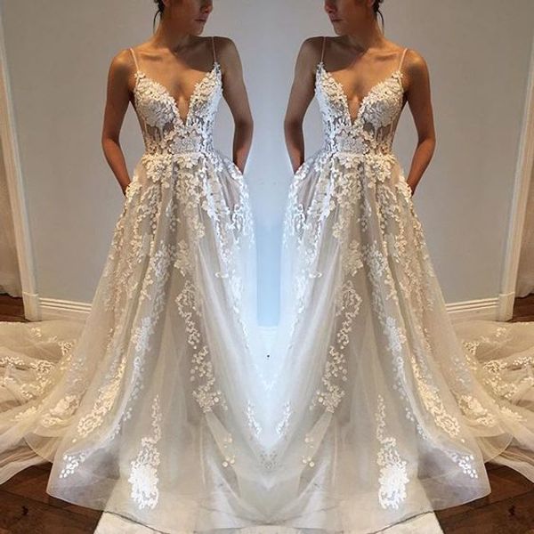 elegant spaghetti straps a line wedding dresses 3d lace appliques v neck garden wedding gowns backless bridal dresses with pocket, White
elegant spaghetti straps a line wedding dresses 3d lace appliques v neck garden wedding gowns backless bridal dresses with pocket, White