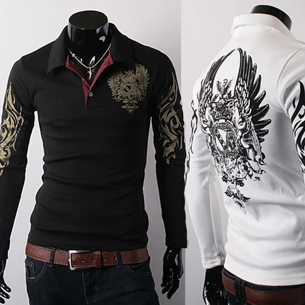 new european style eagle tattoo printing slim long sleeve polos shirts lapel ing, White;black
new european style eagle tattoo printing slim long sleeve polos shirts lapel ing, White;black