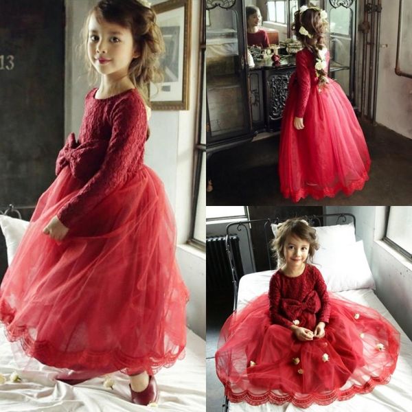 red lace long sleeve girls pageant gowns with big bow tulle puffy skirt flower girl dresses for wedding long children communion dresses, White;blue
red lace long sleeve girls pageant gowns with big bow tulle puffy skirt flower girl dresses for wedding long children communion dresses, White;blue